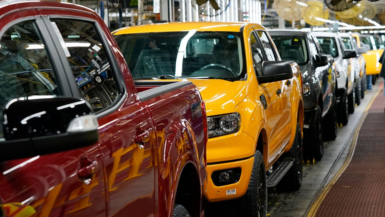 Model year 2021 Ford Ranger trucks on the assembly line at Michigan Assembly, Monday, June 14, 2021, in Wayne, Mich. (AP Photo/Carlos Osorio)