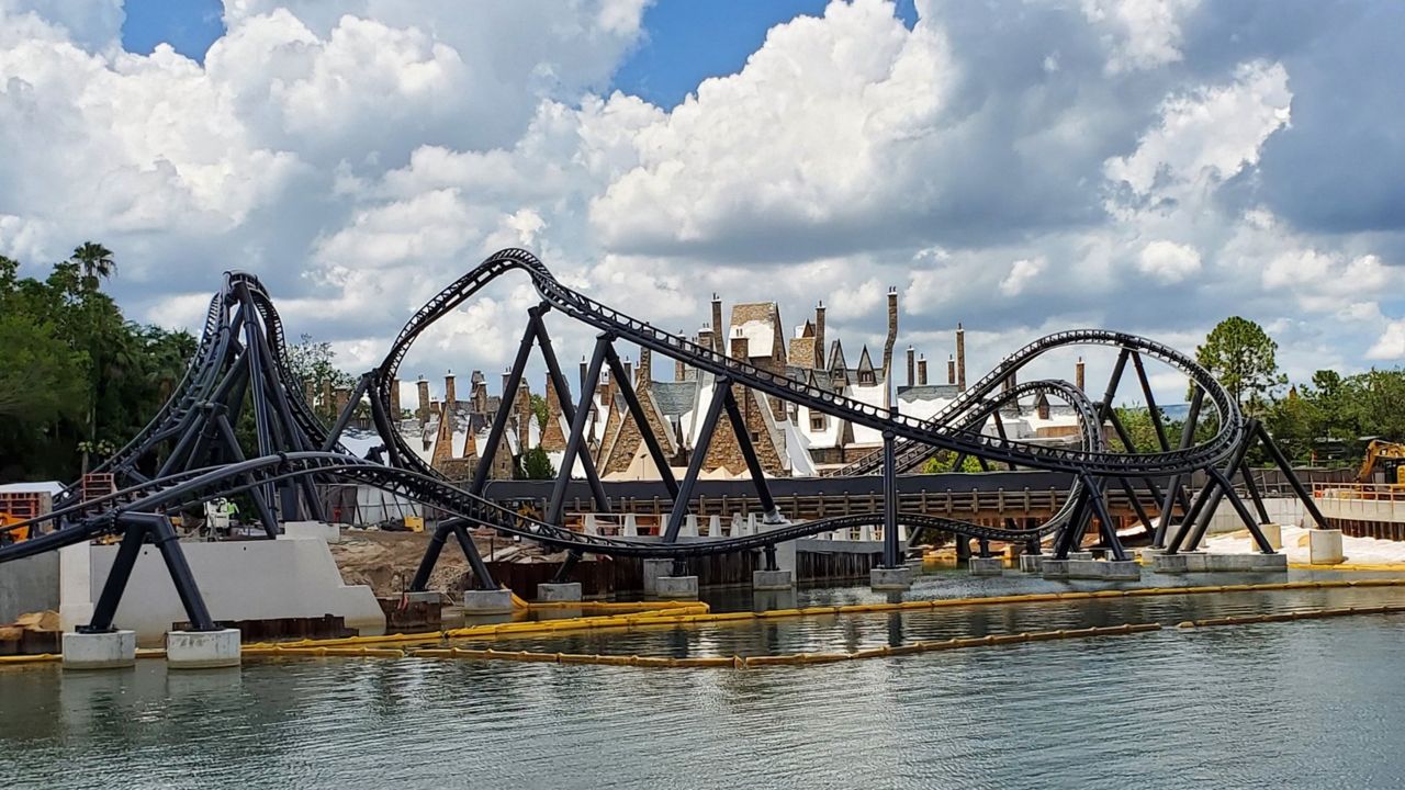A look at the construction of the unannounced Jurassic Park roller coaster at Universal's Islands of Adventure on Monday, July 27, 2020. (Ashley Carter/Spectrum News)