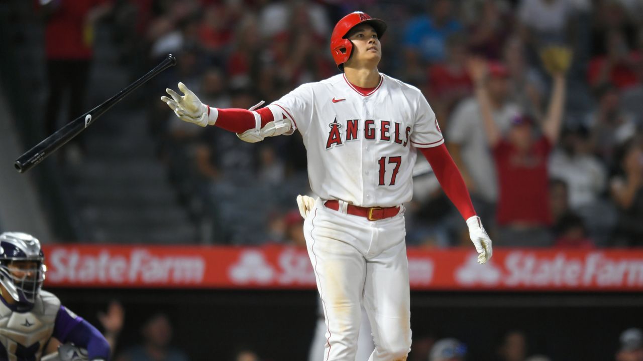 Los Angeles Angels' Shohei Ohtani watches his three-run home run during the fourth inning against the Colorado Rockies on Wednesday, July 28, 2021, in Anaheim, Calif. (AP Photo/John McCoy)