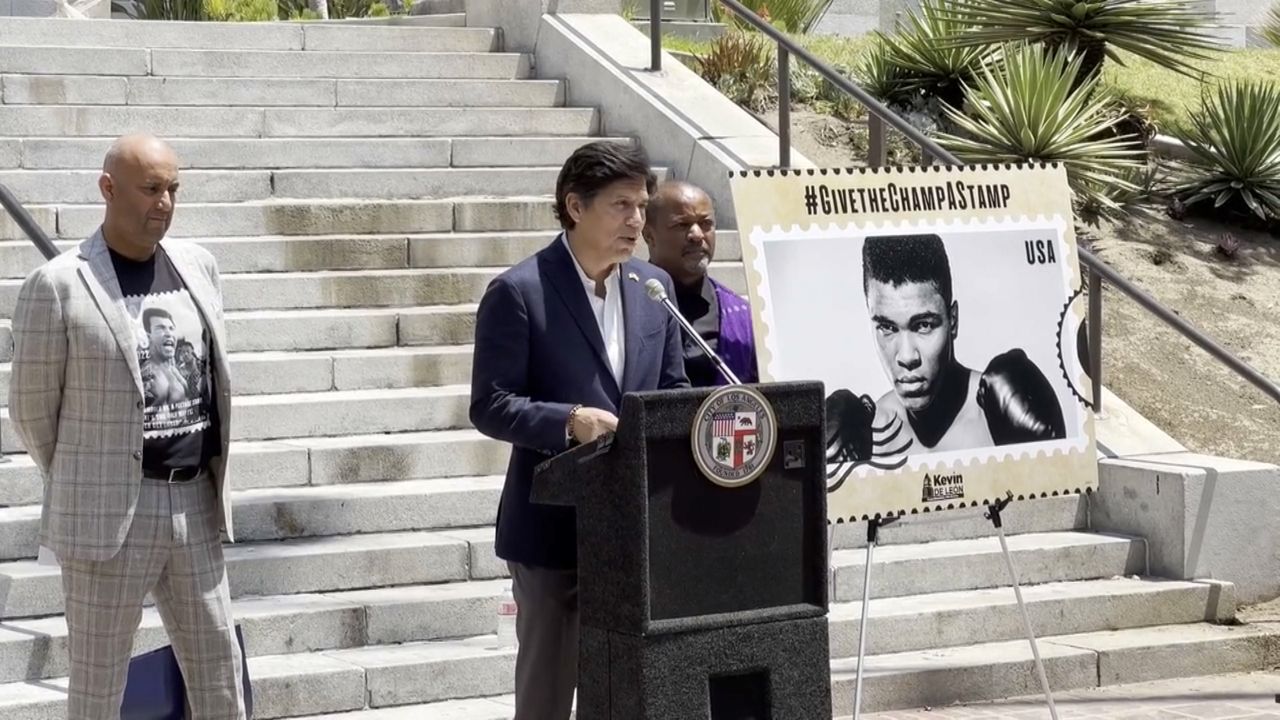 Councilman Kevin de León held a news conference Friday to promote the campaign, called #GetTheChampAStamp.