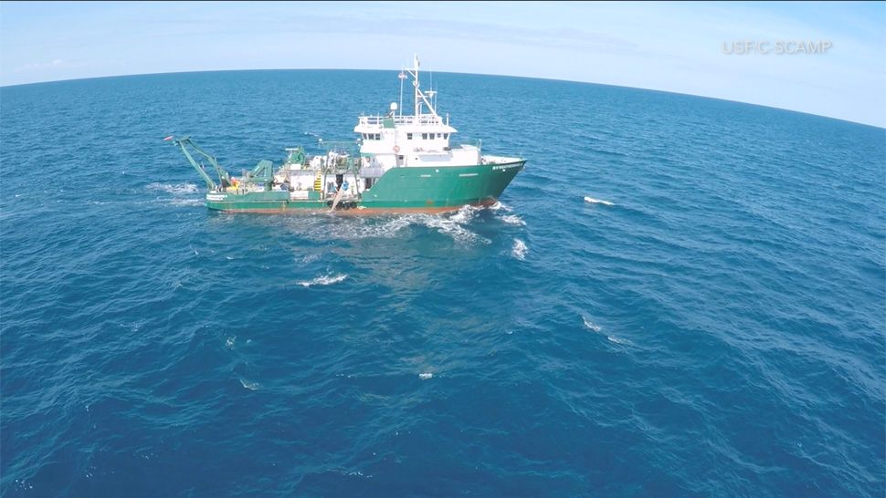 The Weatherbird II research vessel, seen via drone camera footage. (Image courtesy C-SCAMP Project)