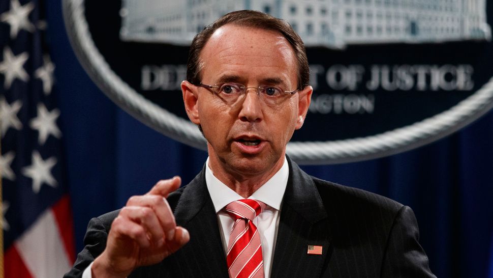 Deputy Attorney General Rod Rosenstein speaks during a news conference at the Department of Justice, Friday, July 13, 2018, in Washington. (AP Photo/Evan Vucci)