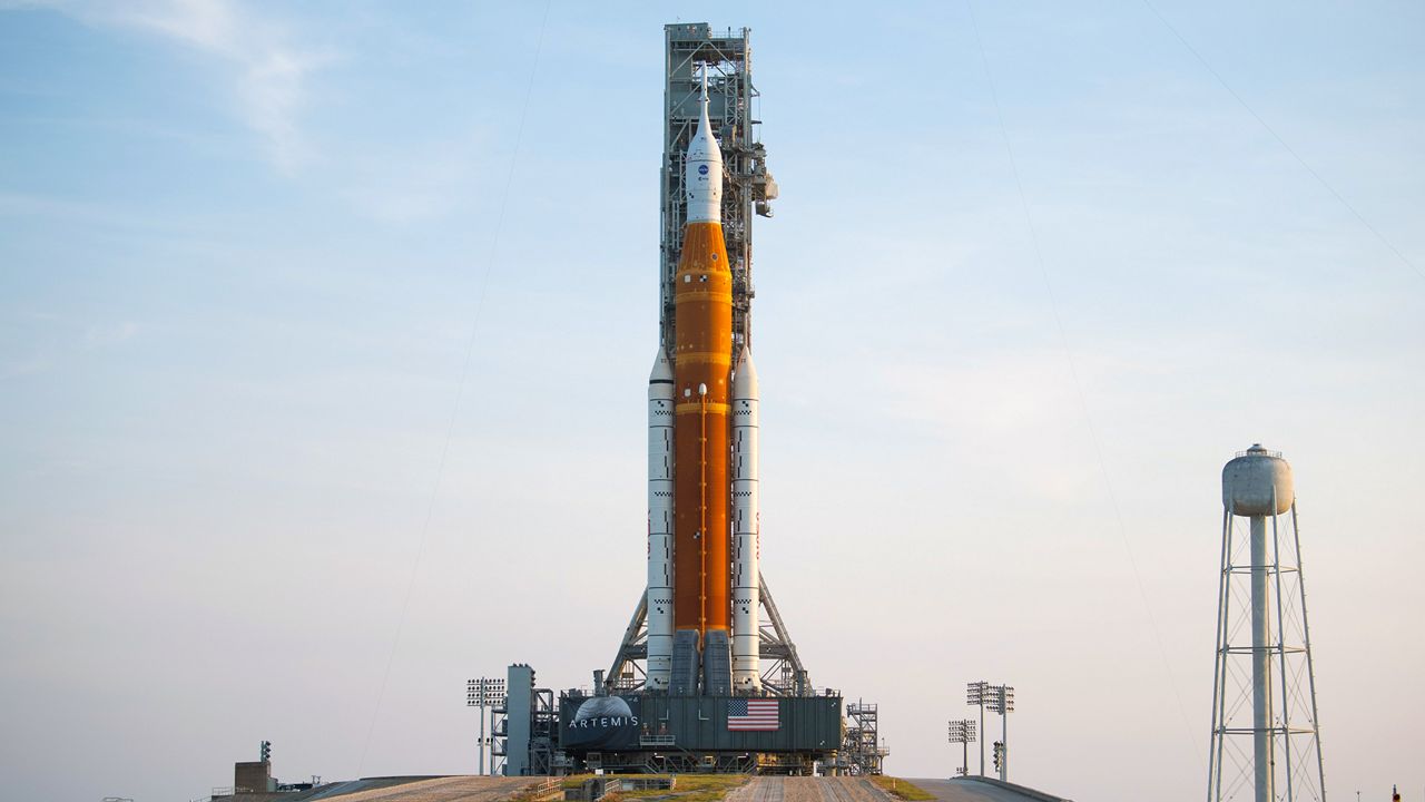 NASA’s Artemis’ Space Launch System rocket and the Orion capsule will be on the launch pad until launch day. (NASA)