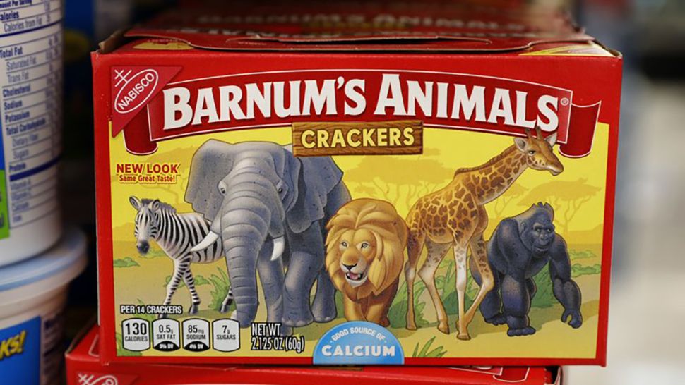 A box of Nabisco Barnum’s Animals crackers on the shelf of a local grocery store in Des Moines, Iowa. Mondelez International says it has redesigned the packaging of its Barnum’s Animals crackers after relenting to pressure from People for the Ethical Treatment of Animals. (Charlie Neibergall, AP)