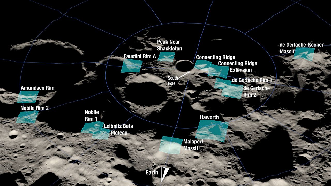 These blue-highlighted areas are just some of the moon's permanently shadowed regions where the Sun does not shine on them. These 13 possible landing sites will have a future for the Artemis III mission. (NASA)