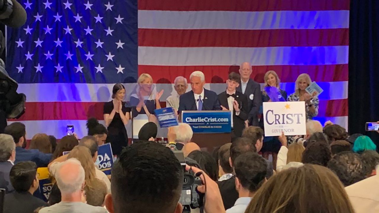 Rep. Charlie Crist (D-FL) speaks with supporters Tuesday night after the former Florida governor officially won the Democratic nomination in the race for governor of Florida. (Spectrum News/Asher Wildman)