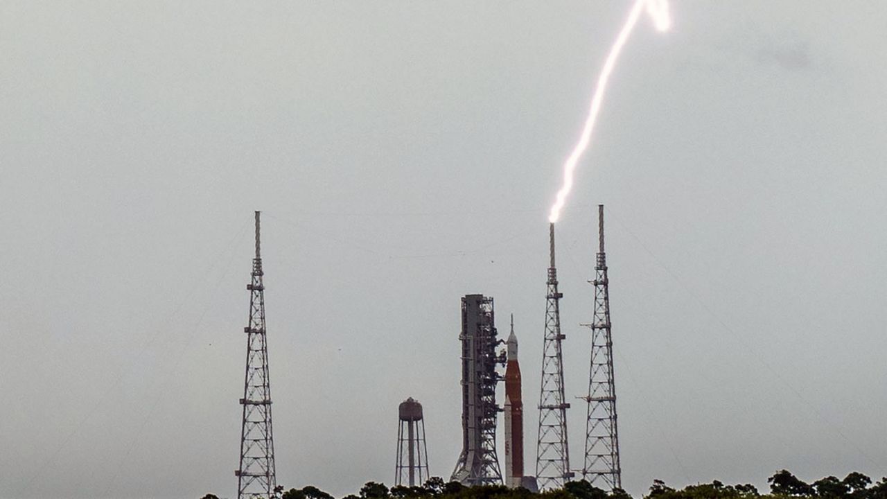 "Lightning strikes the Launch Pad 39B protection system as preparations for launch of NASA’s Space Launch System (SLS) rocket with the Orion spacecraft aboard continue ...," stated NASA. (NASA)