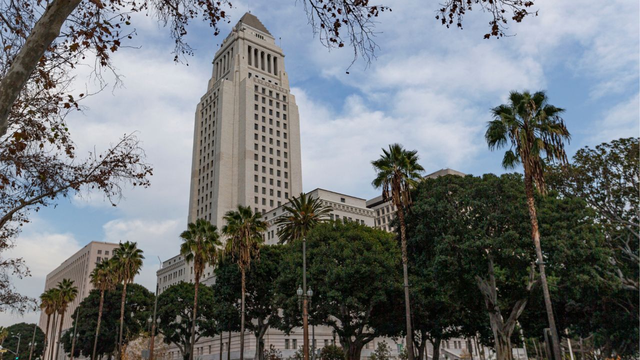 The Los Angeles City Hall building is seen in downtown Los Angeles on Wednesday, Jan. 8, 2020. (AP Photo/Damian Dovarganes)