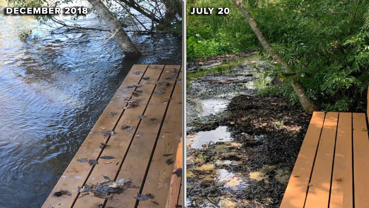 The Little Wekiva River up against Jeanette Schreiber's dock in 2018, and in 2020. (Jeanette Schrieber)