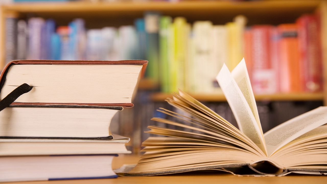 Stack of books and a open book on a wooden table. In the back rainbow sorted bookshelf. (Courtesy: David Herrmann)