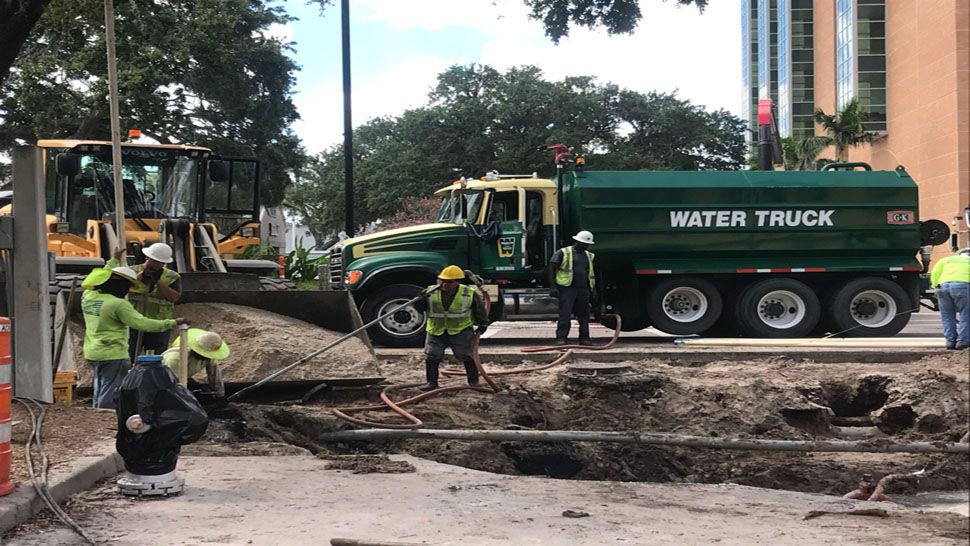 Manatee Avenue West from Ninth to 12th Street West is shut down as crews work to repair a large depression by 10th Street West. (Angie Angers, Staff)