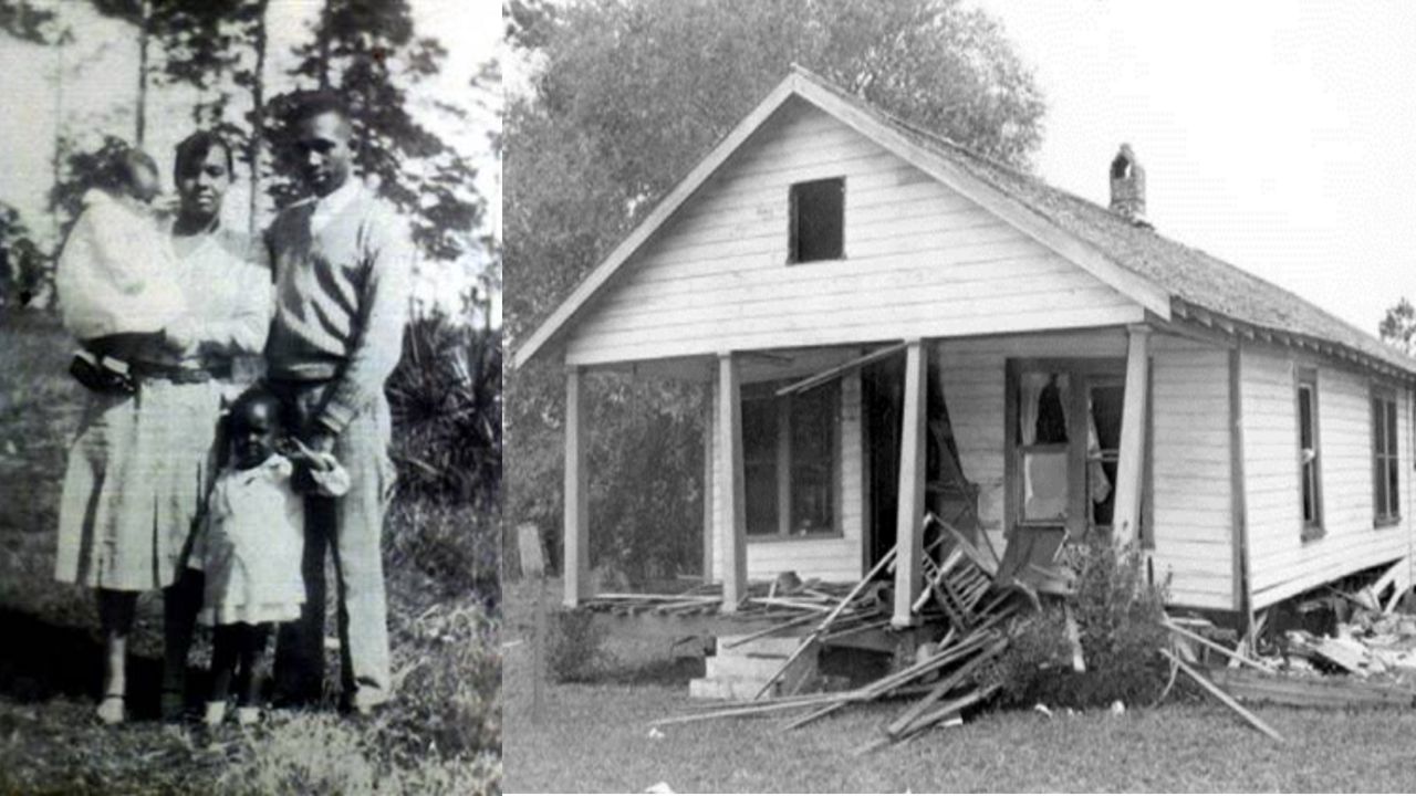 Left: Civil rights activists Harry and Harriet Moore. Right: The aftermath of the bombing of their Brevard County home. (NAACP/Florida State Library)