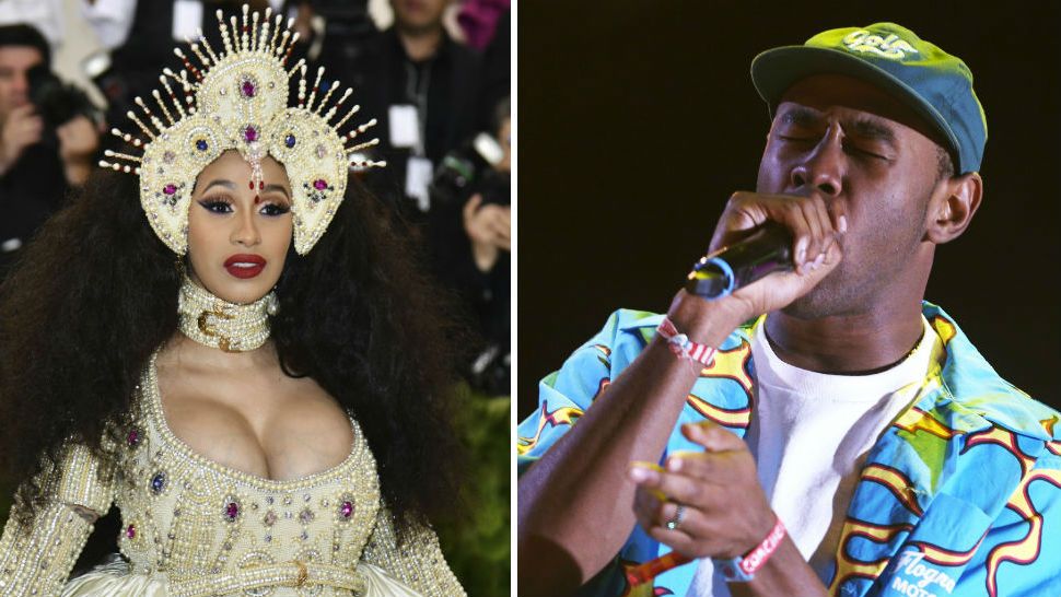 Left -Cardi B attends The Metropolitan Museum of Art's Costume Institute benefit gala celebrating the opening of the Heavenly Bodies: Fashion and the Catholic Imagination exhibition on Monday, May 7, 2018, in New York. (Photo by Charles Sykes/Invision/AP) Right- Tyler The Creator performs at the 2015 Coachella Music and Arts Festival on Saturday, April 11, 2015, in Indio, Calif. (Photo by Rich Fury/Invision/AP)