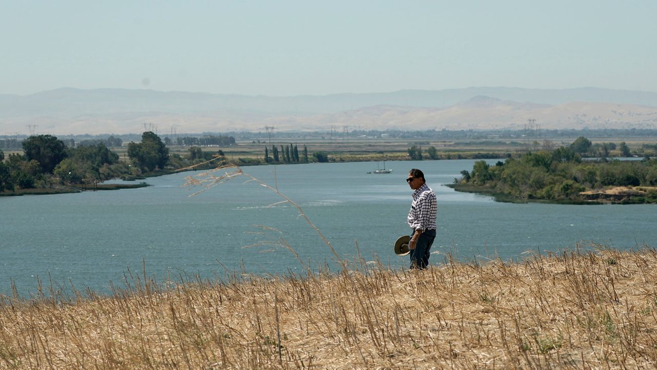 Al Medvitz, who farms alfalfa and other crops, looks out over Sacramento River from a hill on his land near Rio Vista, Calif., on Monday, July 25, 2022. (AP Photo/Rich Pedroncelli)