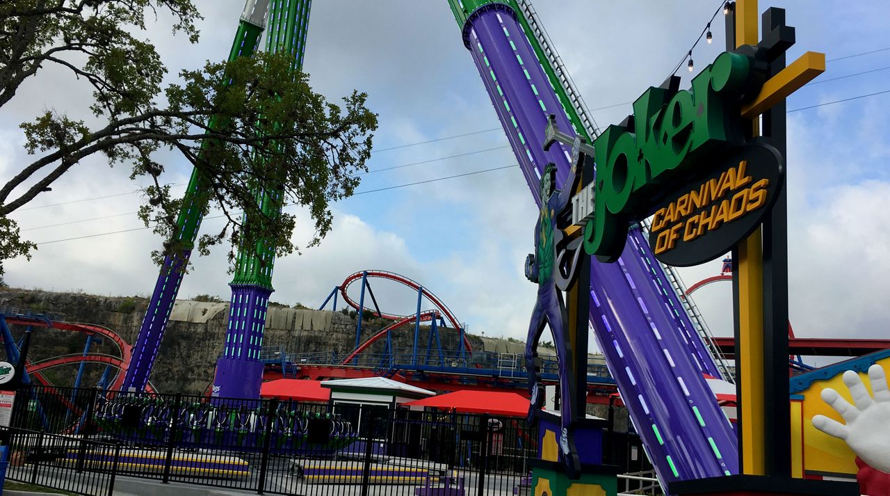 The entrance to The Joker Carnival of Chaos ride at Six Flags Fiesta Texas August 8, 2019 (Spectrum News)