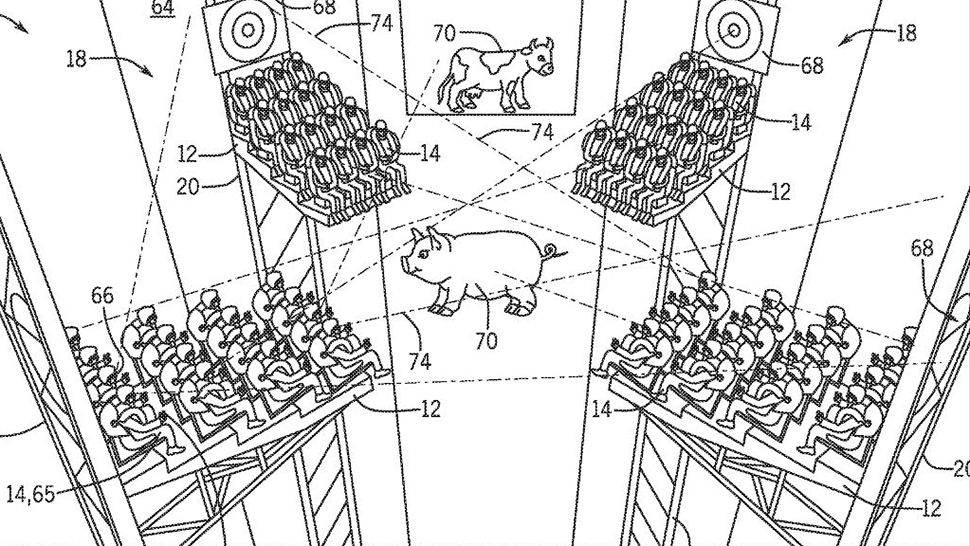 Universal has filed patents for two tower rides, with one using gaming components like VR and AR. (Courtesy of U.S. Patent and Trademark Office) 