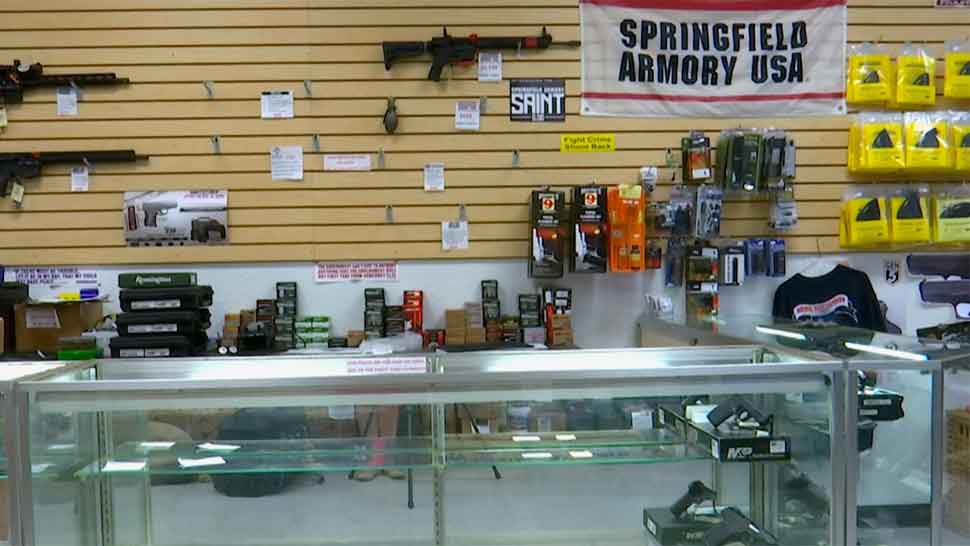 Empty gun display case inside Art of Defense in Clearwater, Saturday, August 10, 2019. The owner said the thieves broke the glass top of the case and took the weapons inside during the theft. (Gabrielle Arzola/Spectrum Bay News 9)