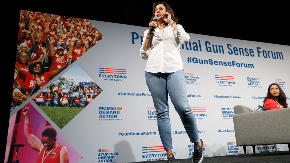 Sen. Kamala Harris at the Presidential Gun Sense Forum in Des Moines, Iowa Saturday. (AP/Charlie Neibergall)