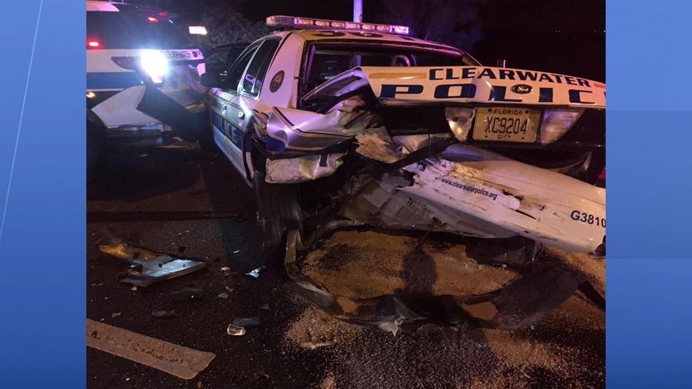 Three Clearwater police cruisers were hit on the Courtney Campbell Causeway early Saturday morning. The officers were investigating a crash when they were hit. (Clearwater Police Department)