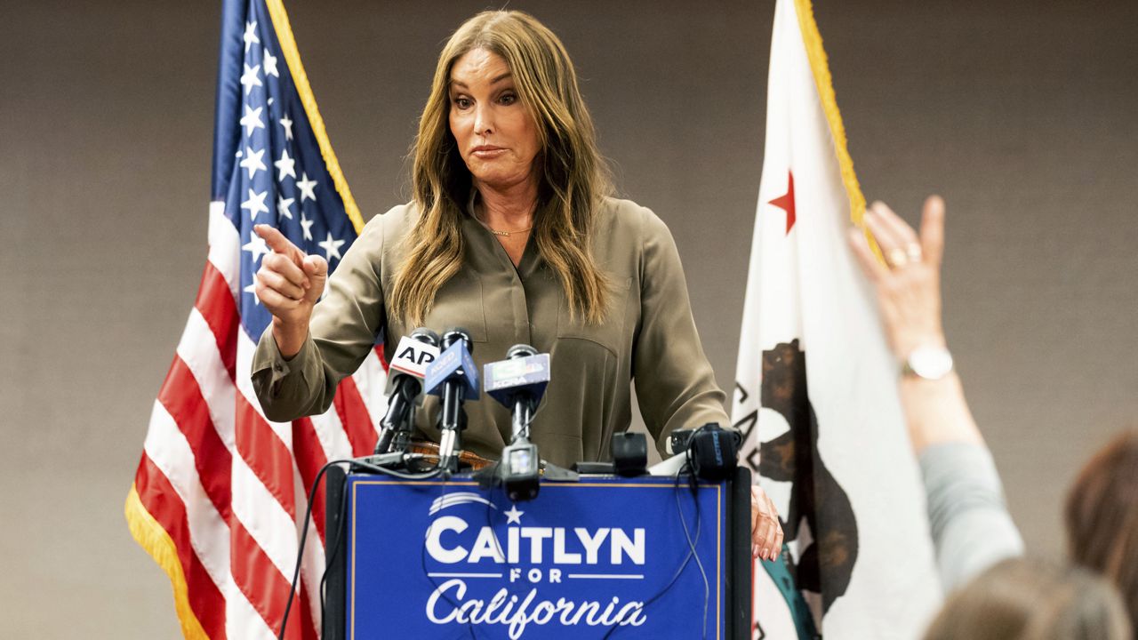 Caitlyn Jenner, Republican candidate for California governor, speaks during a news conference on Friday, July 9, 2021, in Sacramento, Calif. (AP Photo/Noah Berger)