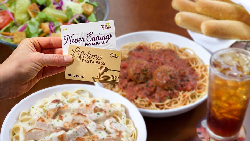 Olive Garden for the first time is offering a Lifetime Pasta Pass that includes a lifetime of unlimited pasta, sauces, soup or salad and breadsticks. (Courtesy of Olive Garden)