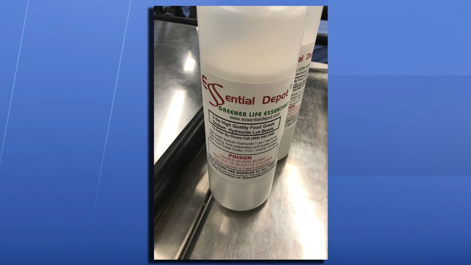 A spokesperson with TSA said the several liquid containers read "sodium hydroxide lye beads," "hazard" and "do not handle without gloves or protective eyewear." (Transportation Security Administration)