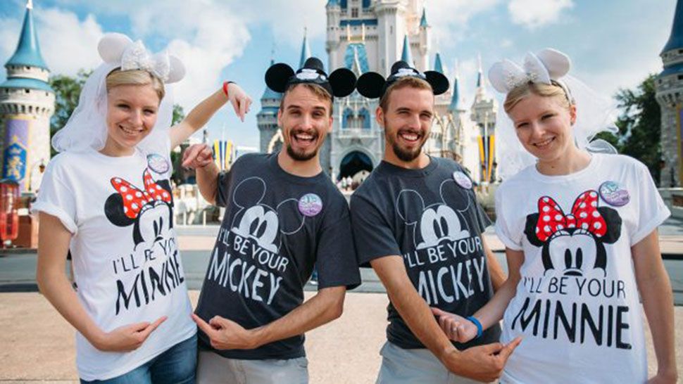 Krissie Bevier and Zack Lewan and Nick Lewan and Kassie Bevier spent the day "twinning" in the Magic Kingdom during their joint honeymoon. (Disney)
