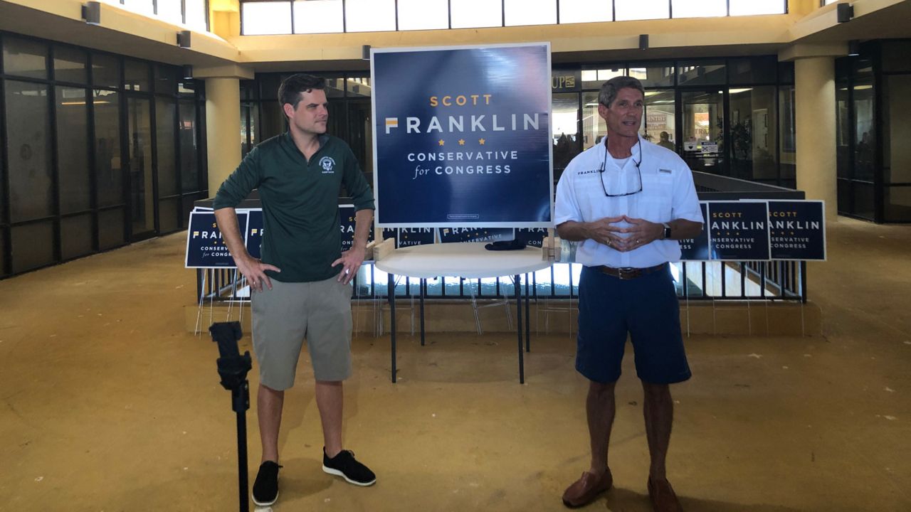 Rep. Matt Gaetz campaigns for Scott Franklin in Brandon Saturday. (Mitch Perry, Spectrum News)
