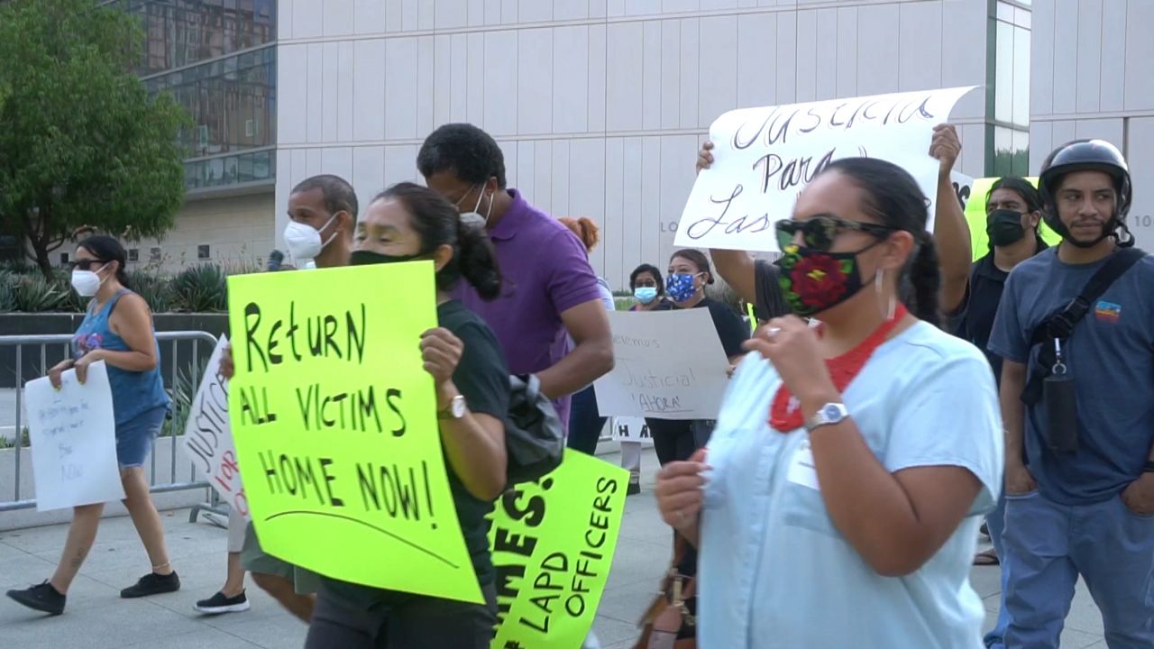 South Los Angeles families Monday gathered Monday outside Los Angeles Police Department headquarters and City Hall to demand the city immediately fix their damaged homes and hold officers accountable for a destructive fireworks blast set off by a bomb squad on June 30