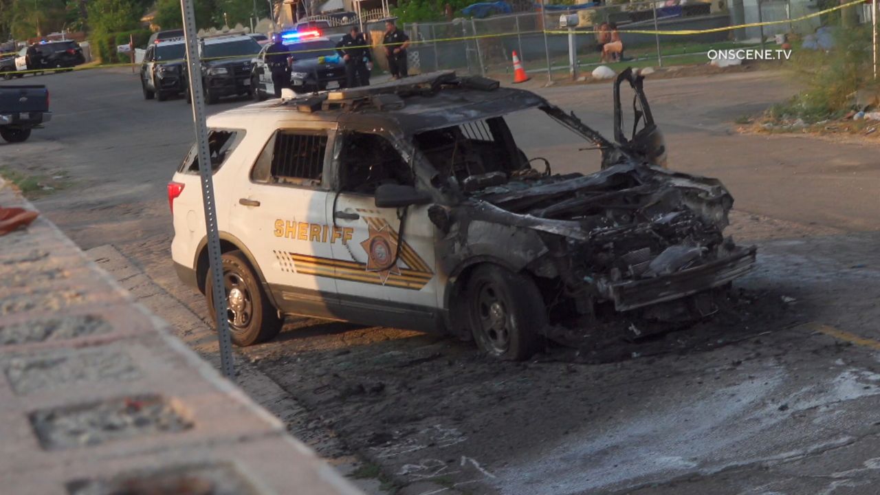 Reports show a burnt sheriff’s SUV with shattered windows at the site. The sheriff said the cause of that fire also was under investigation. (Courtesy of ONSCENE.TV)