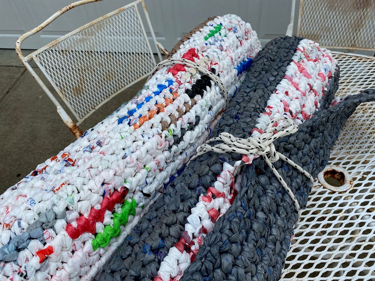 Crochet plastic mats for homeless new arrivals