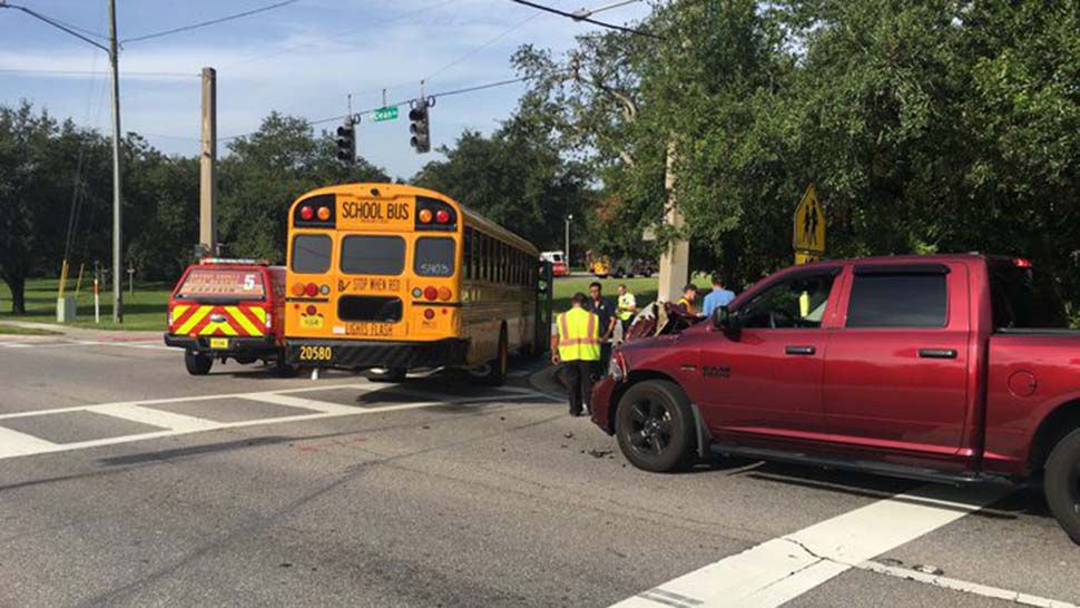 A pickup truck rear-ended an Orange County school bus carrying 23 children on Monday, according to the Florida Highway Patrol. (Courtesy of FHP Orlando)