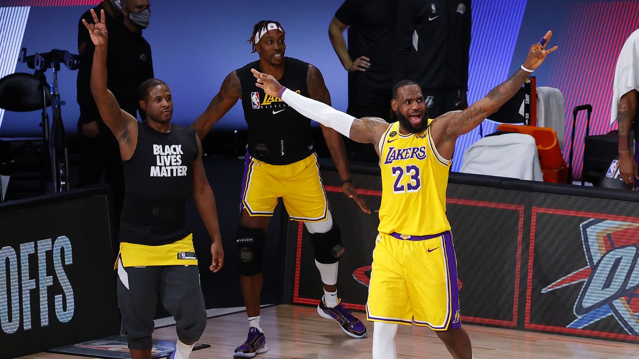 Los Angeles Lakers' LeBron James (23) reacts during the third quarter of Game 2 of an NBA basketball first-round playoff series against the Portland Trail Blazers, Thursday, Aug. 20, 2020, in Lake Buena Vista, Fla. (Kevin C. Cox/Pool Photo via AP)