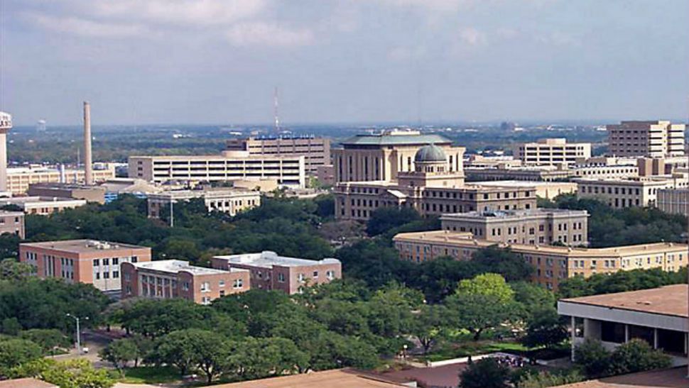 View of a portion of the Texas A&M University campus from the top of the North End-zone of Kyle Field, at College Station, Texas. (Courtesy of Wiki user Aggie0083).