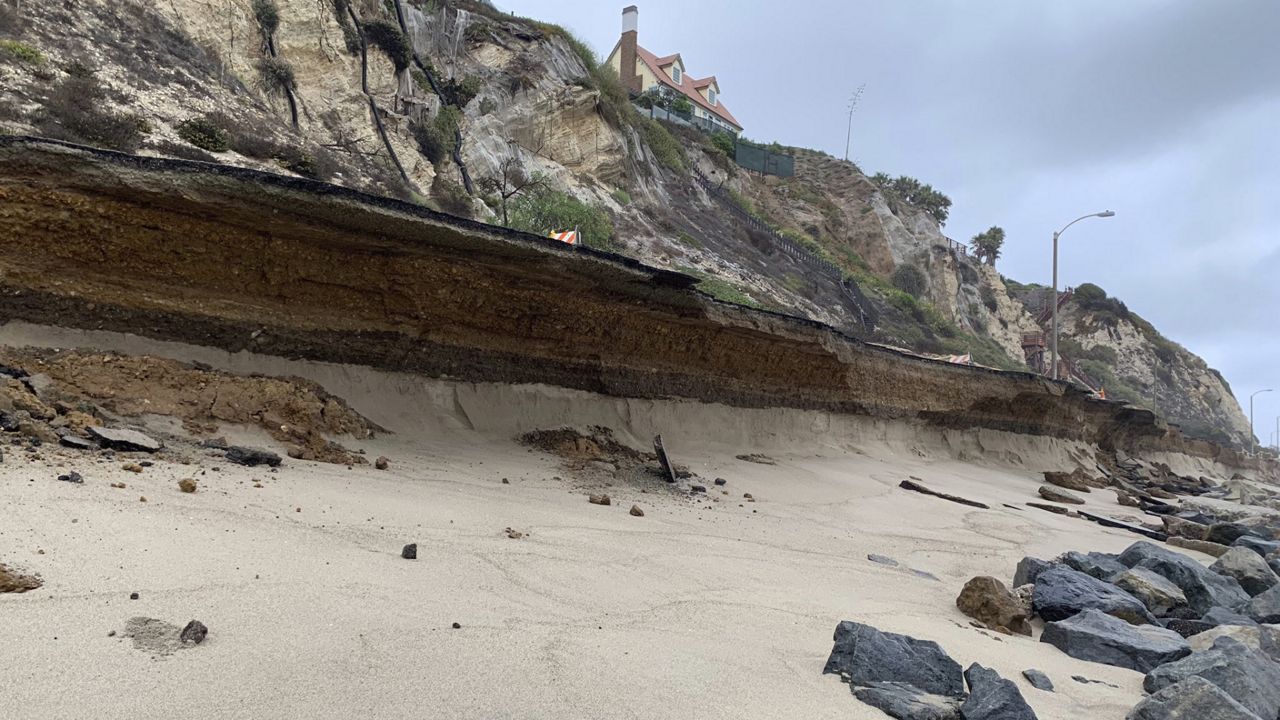 A section of Westward Beach Road in Malibu was washed away by a powerful surf on Saturday, Aug. 21, 2021. (Los Angeles County Department of Beaches and Harbors via AP)