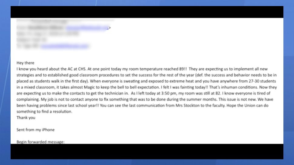 Screen shots of emails and Facebook messages show correspondence between teachers and administration regarding the high temperatures in some Brevard County classrooms.