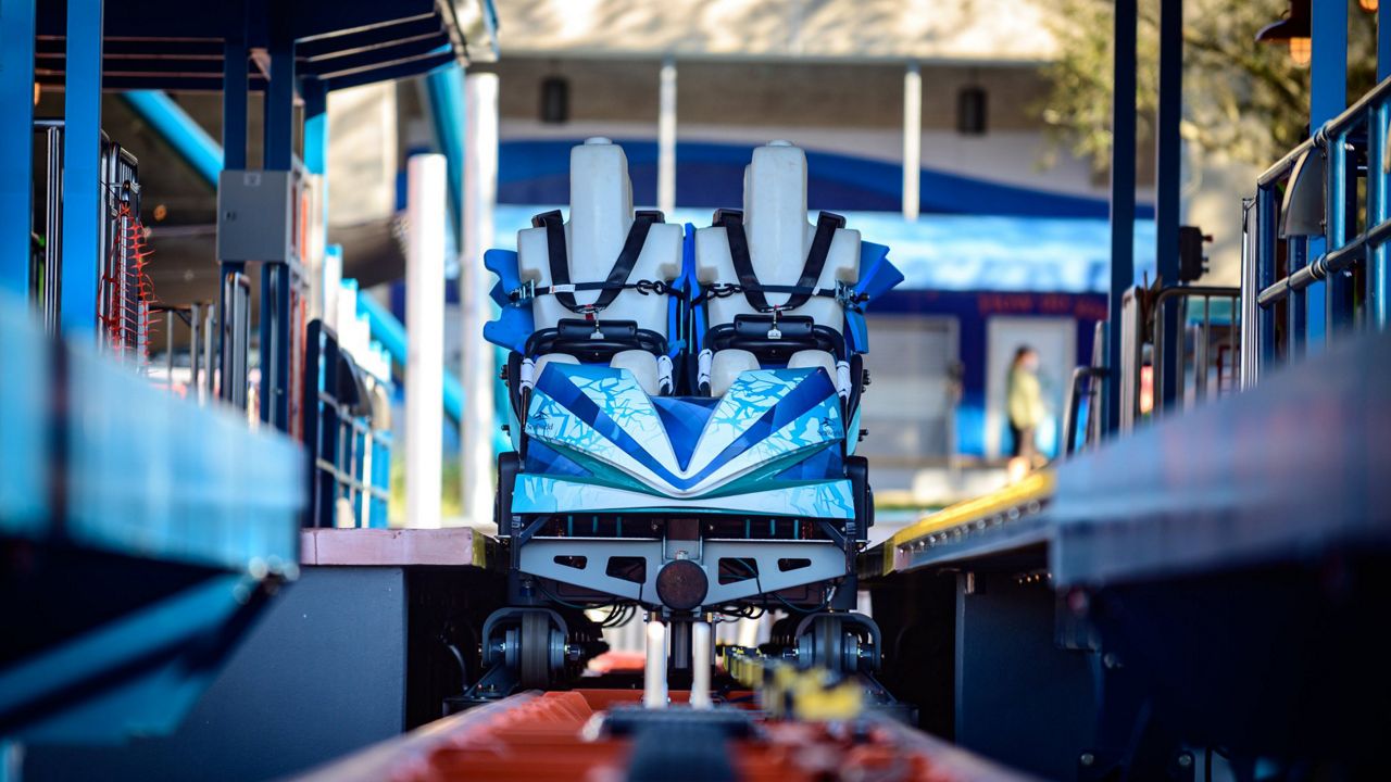 A ride vehicle for SeaWorld Orlando's Ice Breaker roller coaster, set to open in February of next year. (SeaWorld)