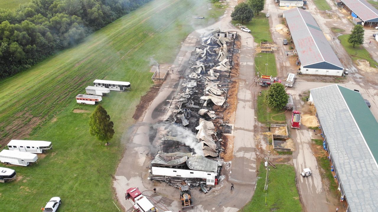 The receiving barn at Ellis Park in Henderson, Ky. caught fire on Sunday, Aug. 22 at 4 a.m. (Bassett Fire Chief Brent Morrow & EMA official Kenny Garrett)