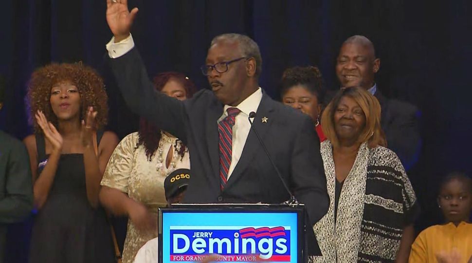 Jerry Demings speaking to a crowd of supports after being elected the new Orange County mayor. (Spectrum News 13)
