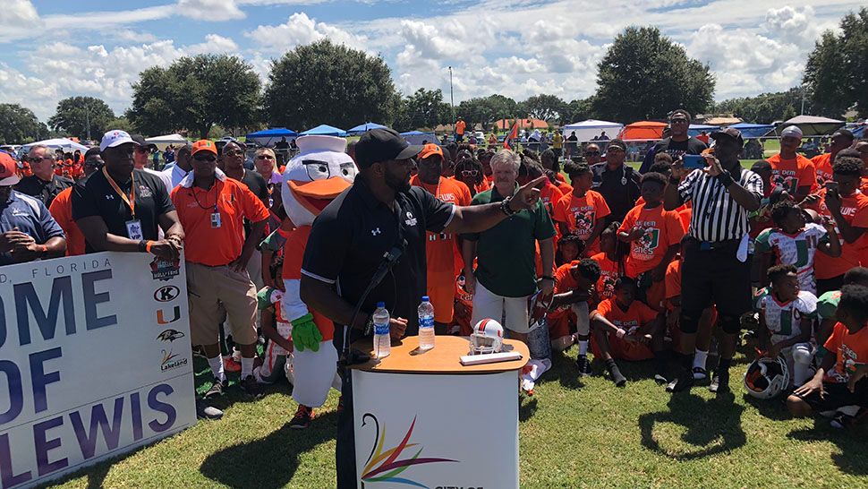 Former football player Ray Lewis speaking to a crowd on Saturday at the opening of a new park in Lakeland. (Stephanie Claytor, staff)