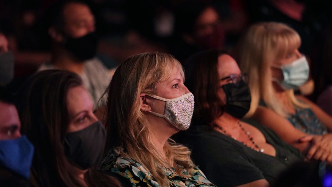 Fans wear masks as they watch the band Switchfoot perform, Tuesday, Aug. 24, 2021, at the Grammy Museum in Los Angeles. (AP Photo/Chris Pizzello)