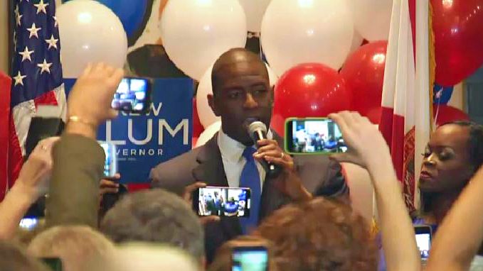 Tallahassee Mayor Andrew Gillum speaking to supporters after he won the Democratic primary in Florida's gubernatorial race Tuesday night. (Spectrum News image)