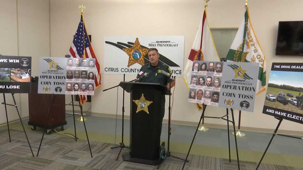 Citrus County Sheriff Mike Prendergast speaks to assembled media about the results of "Operation Coin Toss," a 2-month covert operation targeting drug trafficking in the county, Thursday, August 29, 2019. (Kim Leoffler/Spectrum Bay News 9)