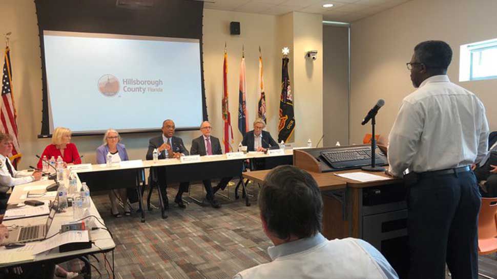 Hillsborough County Emergency Management Director Timothy Dudley briefs city and county officials about preparations underway for Hurricane Dorian, Thursday, August 29, 2019. (Laurie Davison/Spectrum Bay News 9)