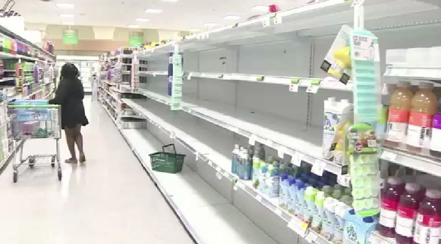 grocery store hoarding empty shelves toilet paper