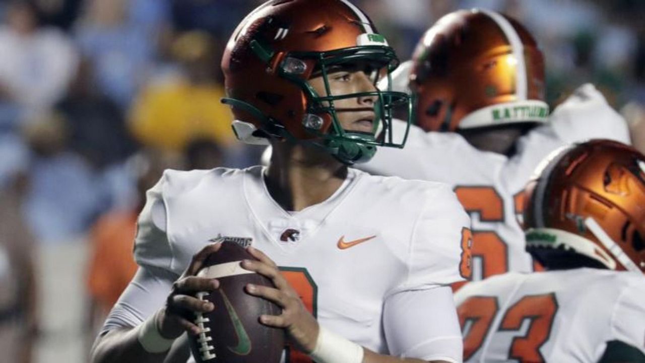 Florida A&M quarterback Jeremy Moussa looks to pass against North Carolina during the first half of an NCAA college football game in Chapel Hill, N.C., on Aug. 27. (AP Photo/Chris Seward)