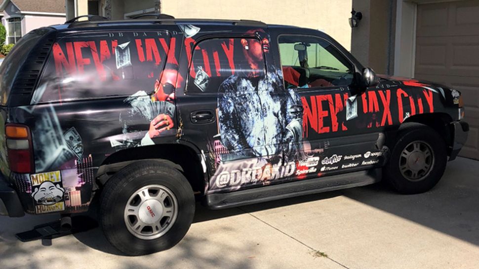 Truck owned by Corey Jones, also known by his rapper performing name, "DB da Kid." Jones turned himself in to authorities on Thursday, August 2, 2018 hours after he struck a driver on a scooter on North Galloway Road and did not stop to render assistance.