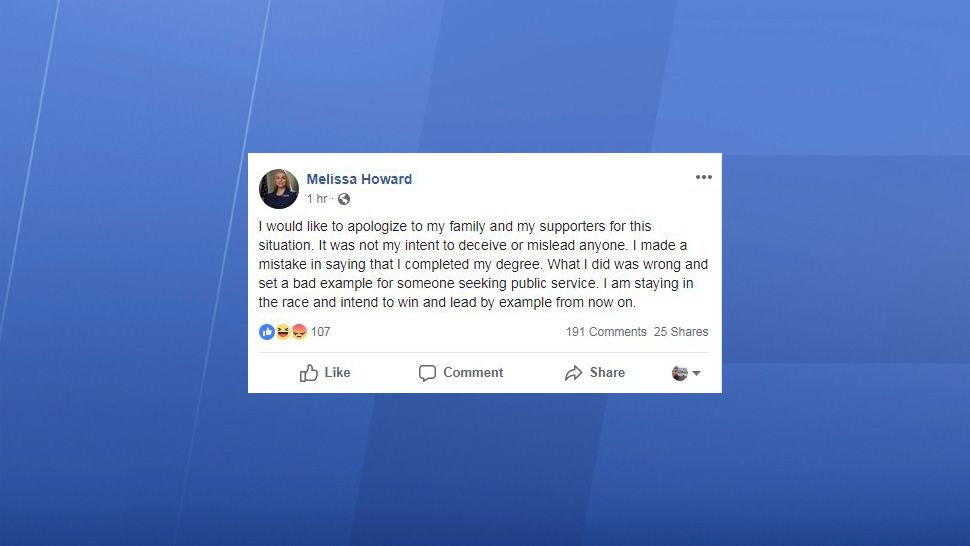 Melissa Howard posted an apology on her campaign Facebook page and admitted she didn't graduate from Miami University.