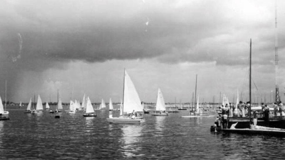 Vintage black-and-white photo of the Sarasota Sailors Squadron Annual Labor Day Regatta, taken in the 1940's. (Photo courtesy Sarasota Sailors Squadron)