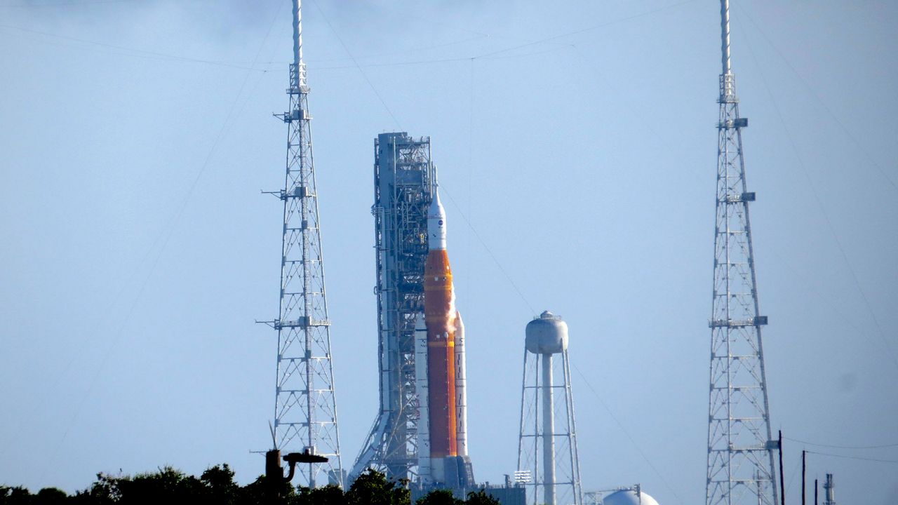 The NASA moon rocket stands on Pad 39B before the Artemis 1 mission at the Kennedy Space Center on Saturday, Sept. 3, 2022 in Cape Canaveral, Fla. (Spectrum News/Anthony Leone)